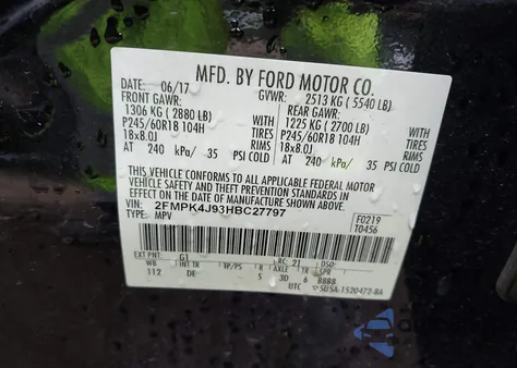 2017 Ford Edge Sel z USA, uszkodzony, nr VIN 2FMPK4J93HBC27797